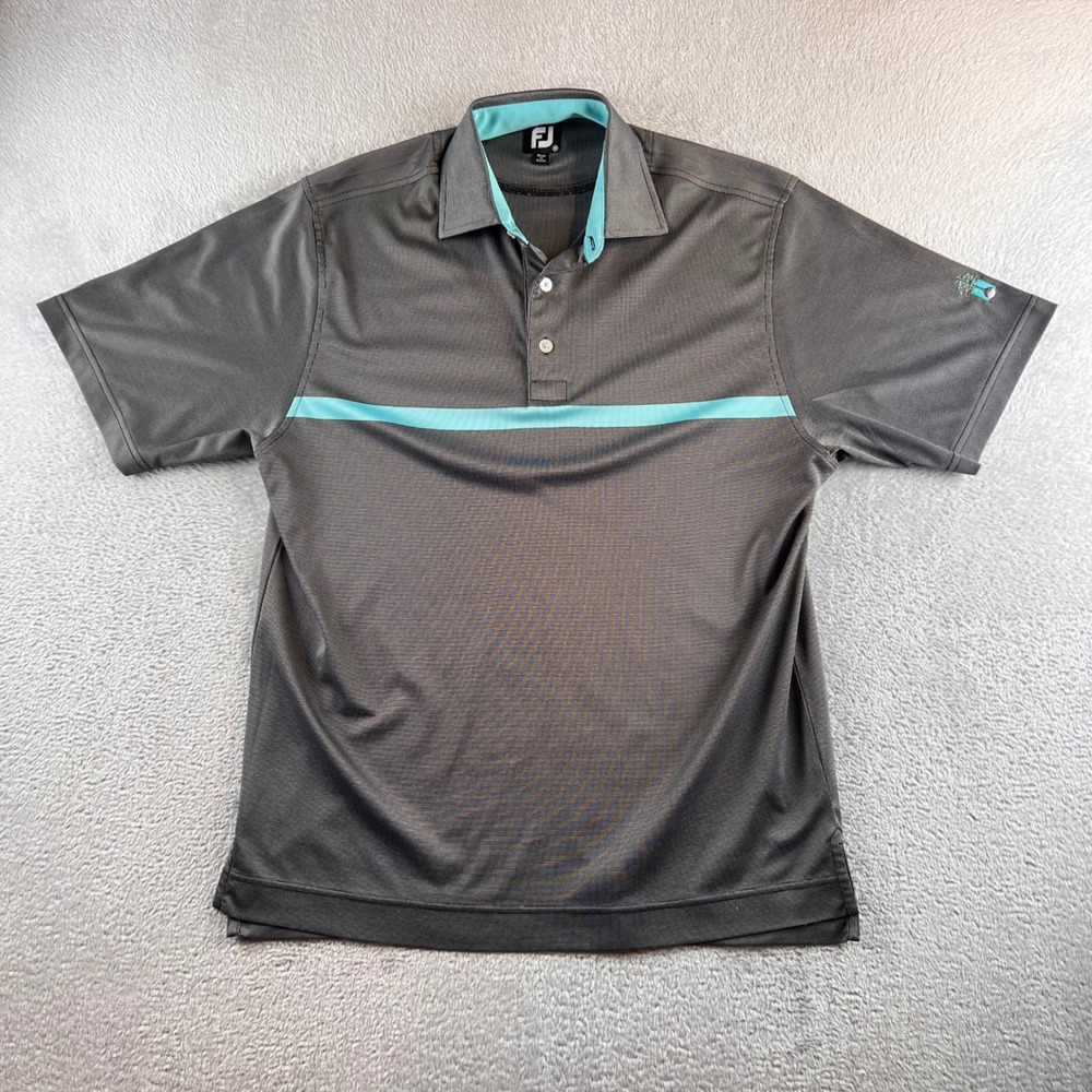FootJoy ProDry Golf Polo Shirt Mens M Grey Aqua Blue Stripe Short Sleeve